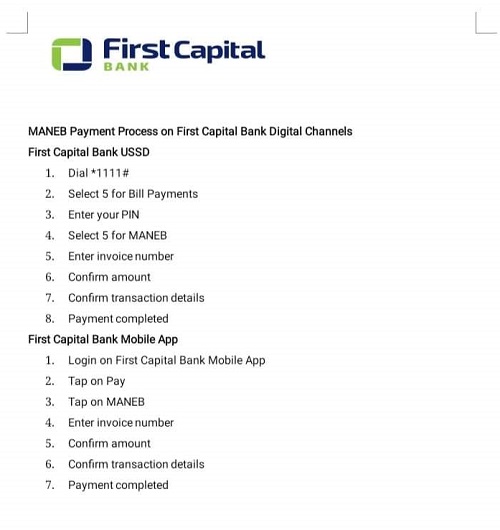 First Capital Bank - Payment of MANEB examinations fees procedure